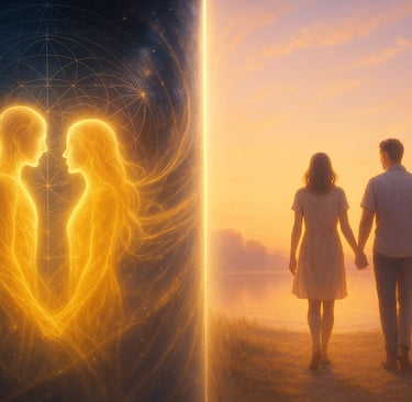 deux âmes face à face, unies par une lumière dorée