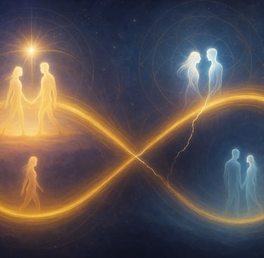 deux âmes lumineuses cheminant à travers un symbole infini doré