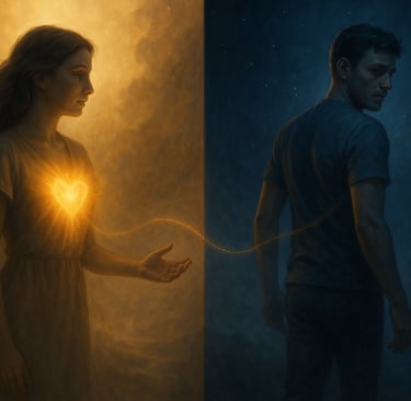 une femme lumineuse tend la main vers un homme qui s’éloigne, reliés par un fil d’énergie doré