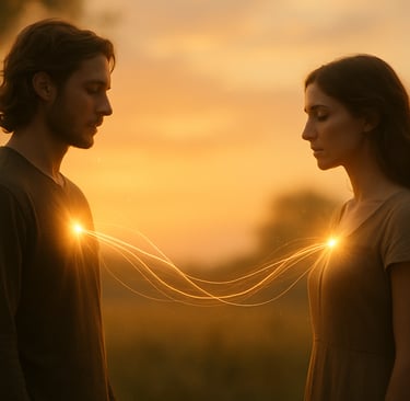 Illustration de la réunion des flammes jumelles — deux âmes se reconnectent à travers une lumière