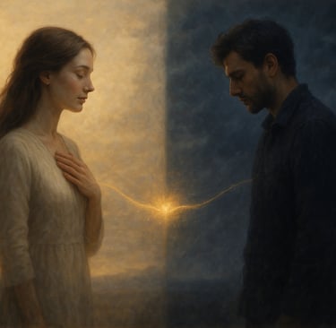 Illustration symbolique d’un couple de flammes jumelles séparées par la lumière et l’ombre