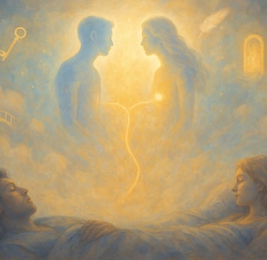 Deux âmes endormies dont les esprits se rejoignent dans un espace de lumière dorée