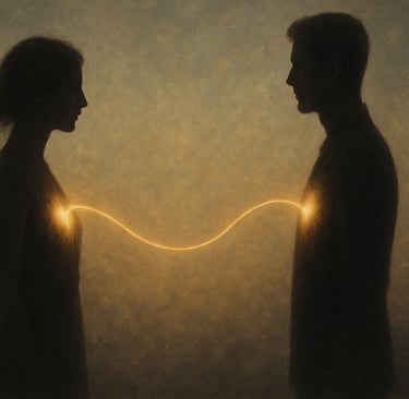 Deux silhouettes reliées par un fil doré lumineux symbolisant la télépathie entre flammes jumelles