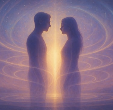 Illustration symbolique de deux silhouettes se faisant face dans une lumière dorée et violette