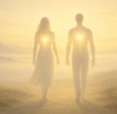 Deux âmes reliées par une lumière dorée marchant vers leur mission de vie commune.