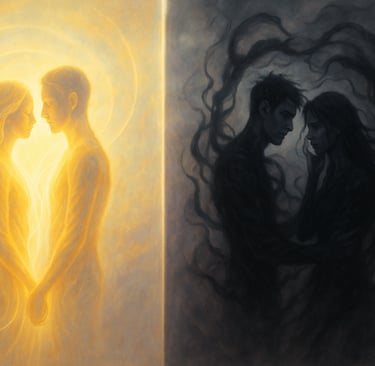 Comparaison flamme jumelle vs lien toxique – lumière et ombre, évolution spirituelle et dépendance.