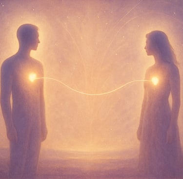 Deux silhouettes lumineuses se faisant face dans un paysage cosmique, reliées par un fil d’énergie