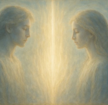 Deux silhouettes lumineuses se font face, séparées par un voile de lumière, évoquant une séparation