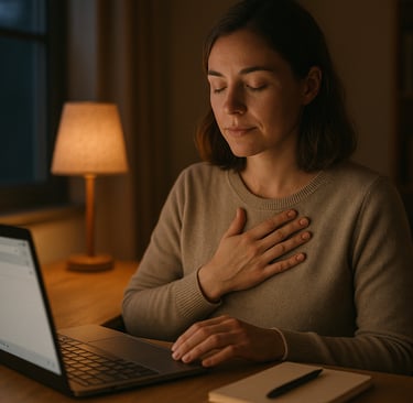 ChatGPT a dit :  Femme au bureau, main sur le cœur, prête à écrire un email.