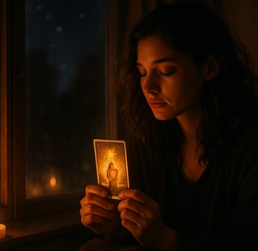 Femme méditant près d’une fenêtre, tenant une carte de voyance lumineuse, symbole d’espoir
