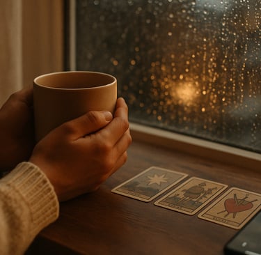 mains tenant un mug devant une fenêtre pluvieuse ; sur la table, tirage tarot flou et téléphone