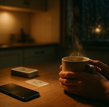 Mains tenant une tasse, téléphone face contre table et cartes de tarot floues