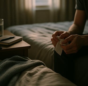 Mains tenant un mouchoir au bord d’un lit défait, téléphone face-vers-le-ba