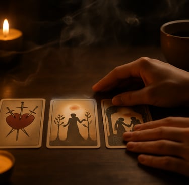 Des mains étalent trois cartes de tarot sur une table en bois éclairée par une bougie