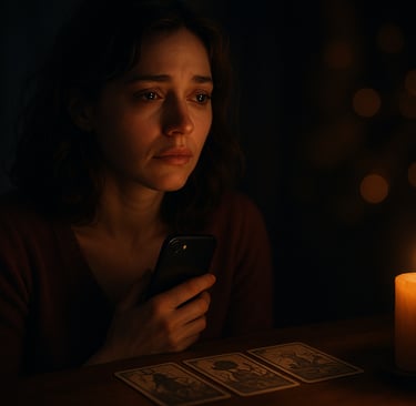 Une femme assise seule dans une lumière tamisée, le visage éclairé par son téléphone