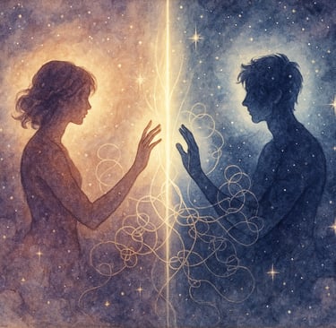 Deux silhouettes séparées par une barrière lumineuse symbolisant l'amour impossible et la connexion 