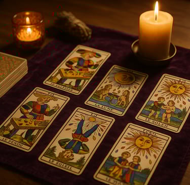 22 arcanes majeurs tarot disposés, ambiance mystique et chaleureuse
