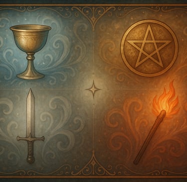 Les 4 enseignes des arcanes mineurs du tarot : Coupes, Deniers, Épées et Bâtons
