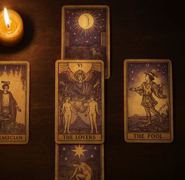 Cinq cartes de tarot disposées en forme de croix