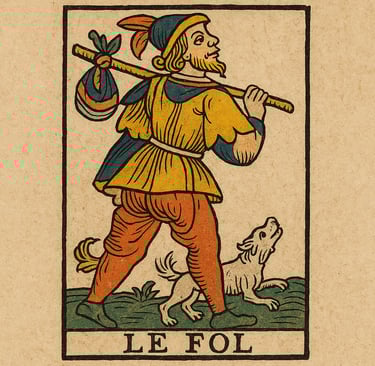 Le Mat, arcane majeur du Tarot de Marseille, représentant un voyageur avec baluchon et chien