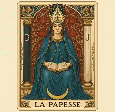 La Papesse arcane 2 du tarot de Marseille assise avec livre ouvert et tiare papale sur fond bleu