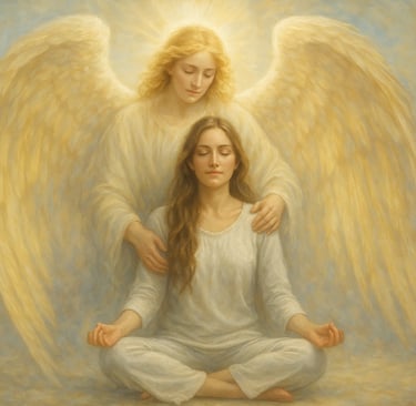 Femme en méditation communiquant avec son ange gardien lumineux