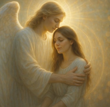 Ange gardien protégeant une femme entourée de lumière dorée divine