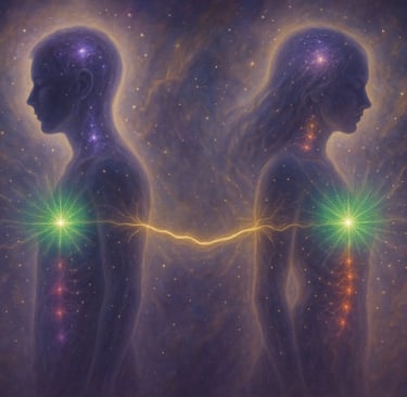 Deux silhouettes lumineuses reliées par un cordon énergétique doré, symbolisant les flammes jumelles