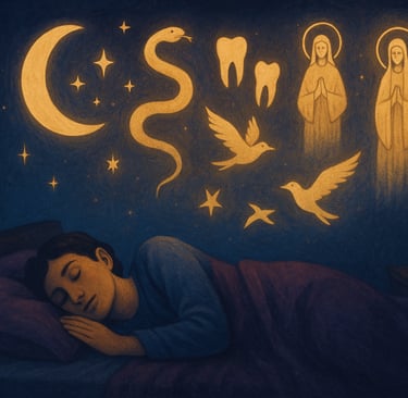 Illustration d'interprétation des rêves avec symboles spirituels : lune, serpent, oiseaux, guides