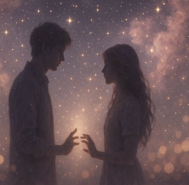 Couple silhouettes se faisant face sous un ciel étoilé, connexion spirituelle entre âmes sœurs