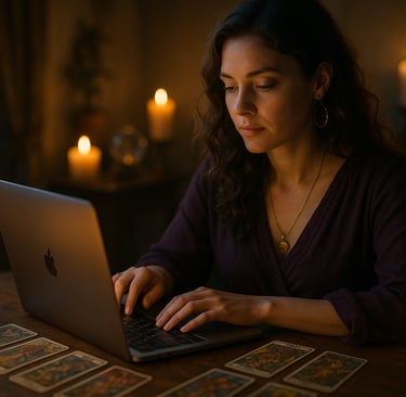Consultation voyance par mail - Voyante professionnelle avec tarot et ordinateur