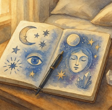 Journal de rêves ouvert avec symboles spirituels sur table de chevet