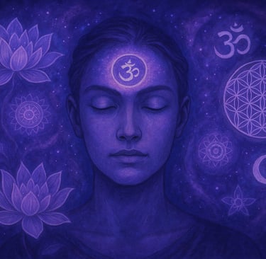 Personne en méditation avec le chakra du troisième œil illuminé en indigo