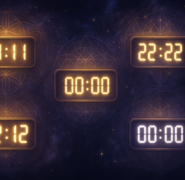 Composition artistique d'horloges numériques affichant des heures miroir sur fond cosmique