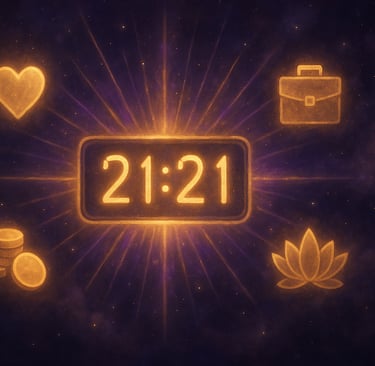21h21 signification : horloge mystique affichant 21h21 avec symboles amour argent travail 