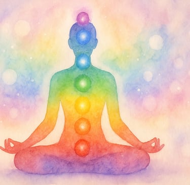 Illustration aquarelle d’une silhouette en méditation avec les 7 chakras alignés et colorés