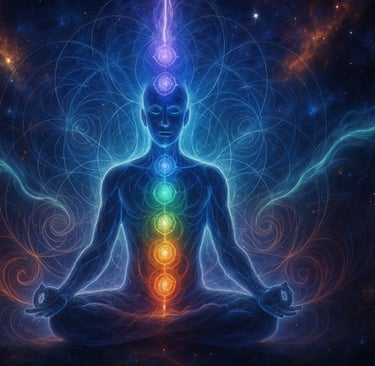 Illustration cosmique d’un corps en méditation avec les 7 chakras lumineux, faisceaux d’énergie
