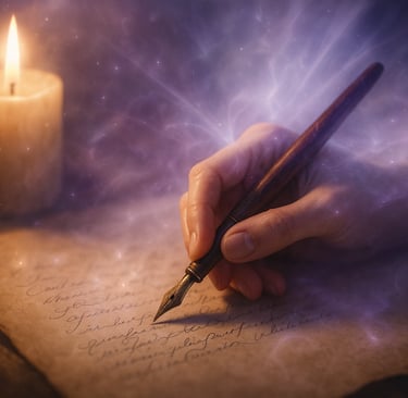 Pratique de l'écriture automatique : main écrivant sous guidance spirituelle avec lumière éthérée