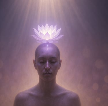 Personne en méditation avec lotus violet lumineux au-dessus du chakra couronne et rayons de lumière
