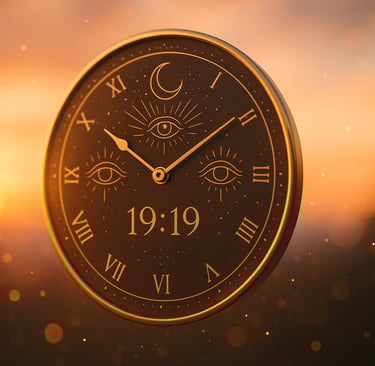 Horloge affichant 19h19 dans une ambiance mystique et dorée