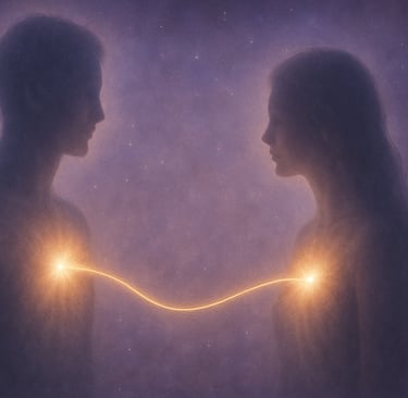 Connexion de flammes jumelles symbolisée par un fil de lumière dorée entre deux silhouettes