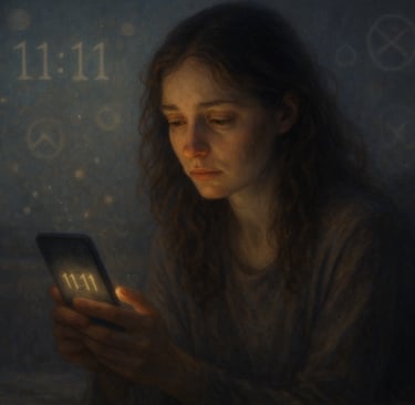 Femme regardant son téléphone affichant 11h11, éclairée par une lumière douce