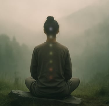 Personne en méditation dans la nature au lever du soleil avec 7 chakras à peine visibles