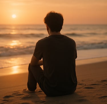 Homme seul sur plage au coucher du soleil, symbolisant l'attente d'un runner flamme jumelle