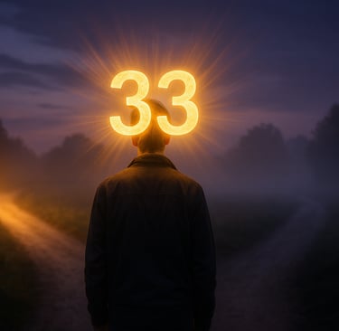 Personne à la croisée des chemins portant le nombre 33 lumineux, symbolisant le poids et le choix
