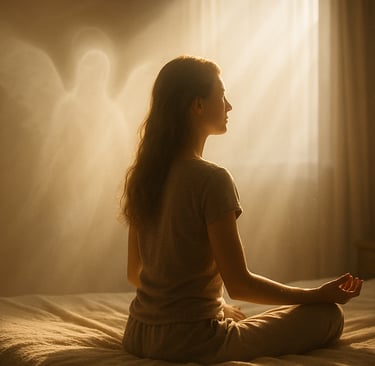Femme méditant à l’aube, éclairée par une lumière dorée avec une présence d’ange gardien