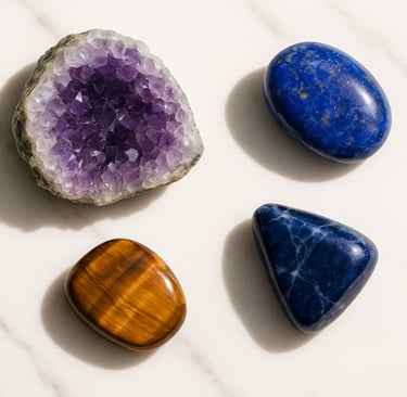 Quatre cristaux de guérison posés sur du marbre blanc : une géode d’améthyste violette
