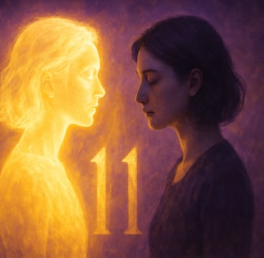 Femme et son reflet formant le nombre 11, dualité entre chemin de vie 11 et 2, lumière dorée