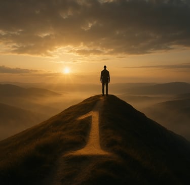 Personne seule debout au sommet d’un sentier montagneux à l’aube, regard vers l’horizon