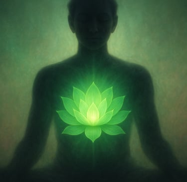 Personne en méditation avec lotus vert symbolisant le chakra du cœur Anahata